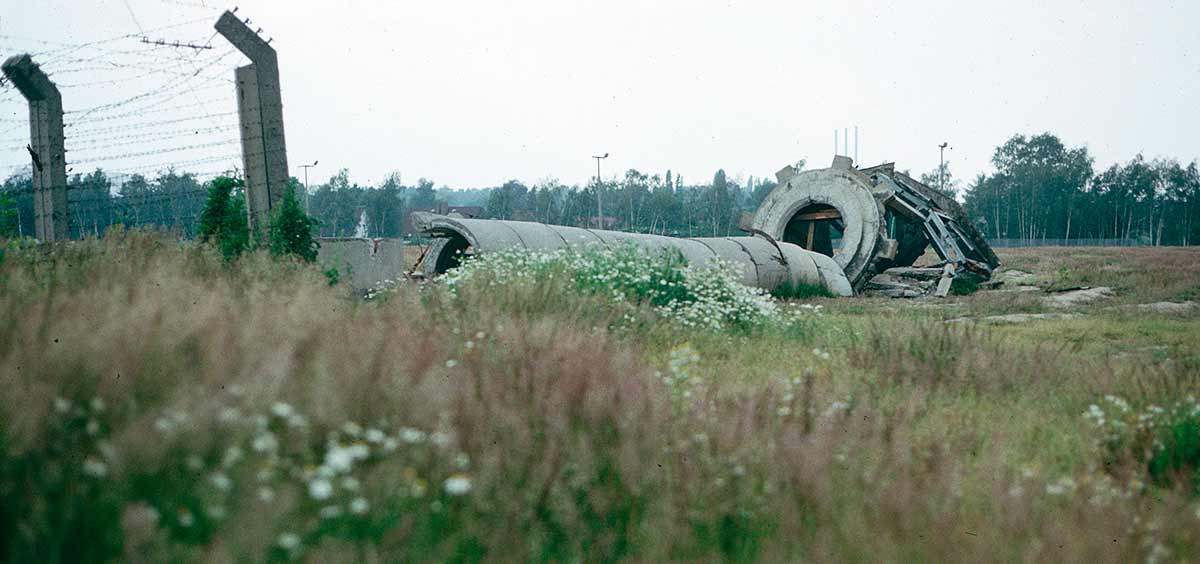 Guard  tower in ruins on the ground