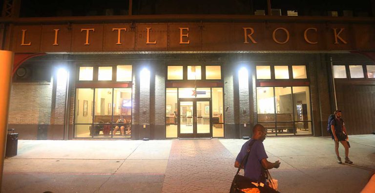 Little Rock Union Station Amtrak Depot at night with passengers waiting