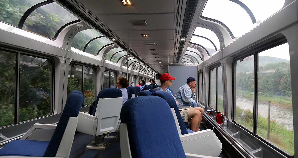 Amtrak Capitol Limited Sightseer Lounge interior in western Pennsylvania