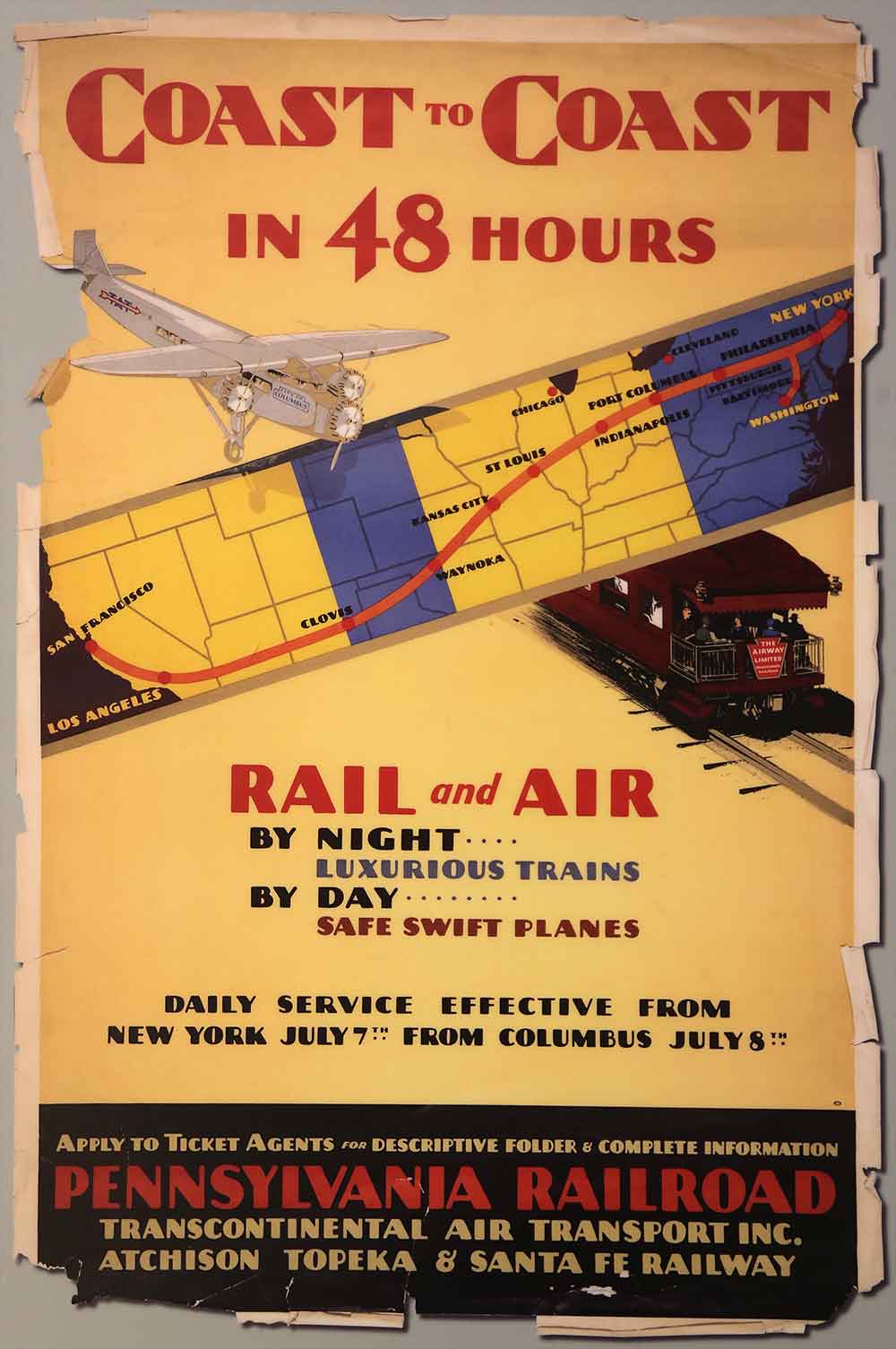 Poster map showing combined train - plane route across the US in 1929