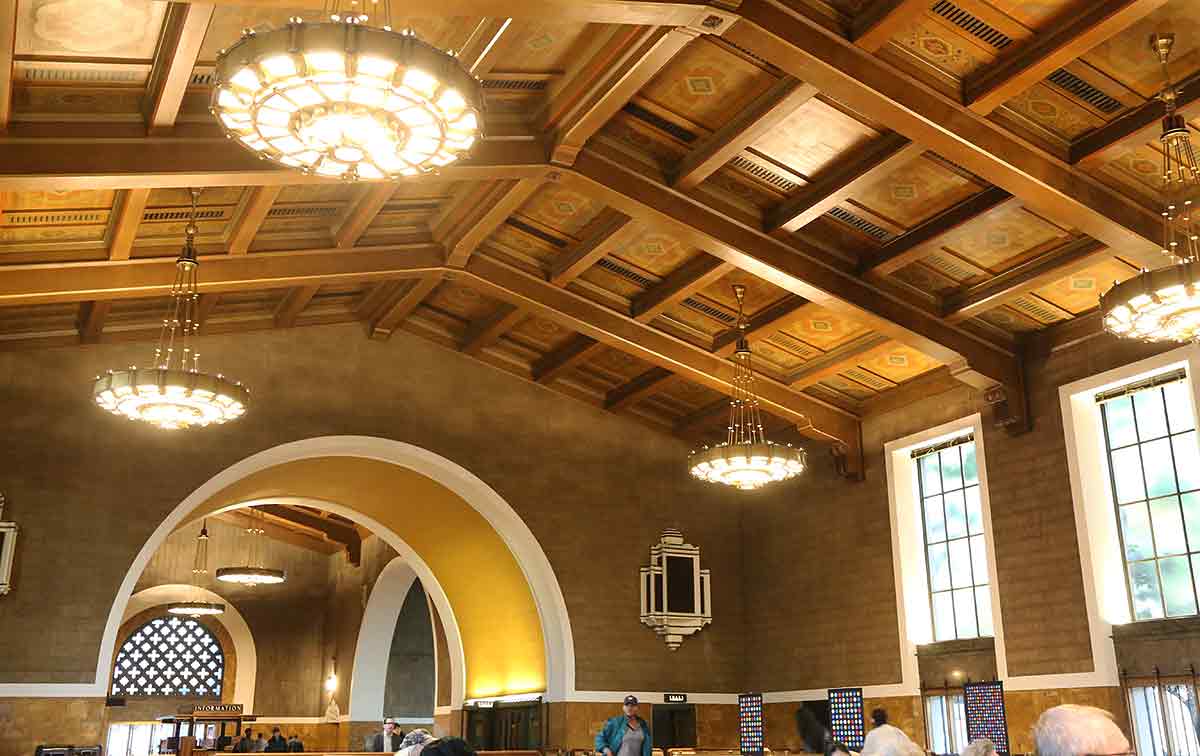 Los Angeles Union Station main waiting room with ornate ceiling