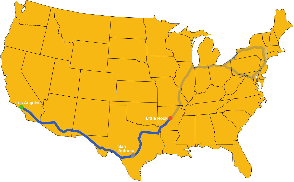 US map showing the route from Little Rock to Los Angeles via San Antonio