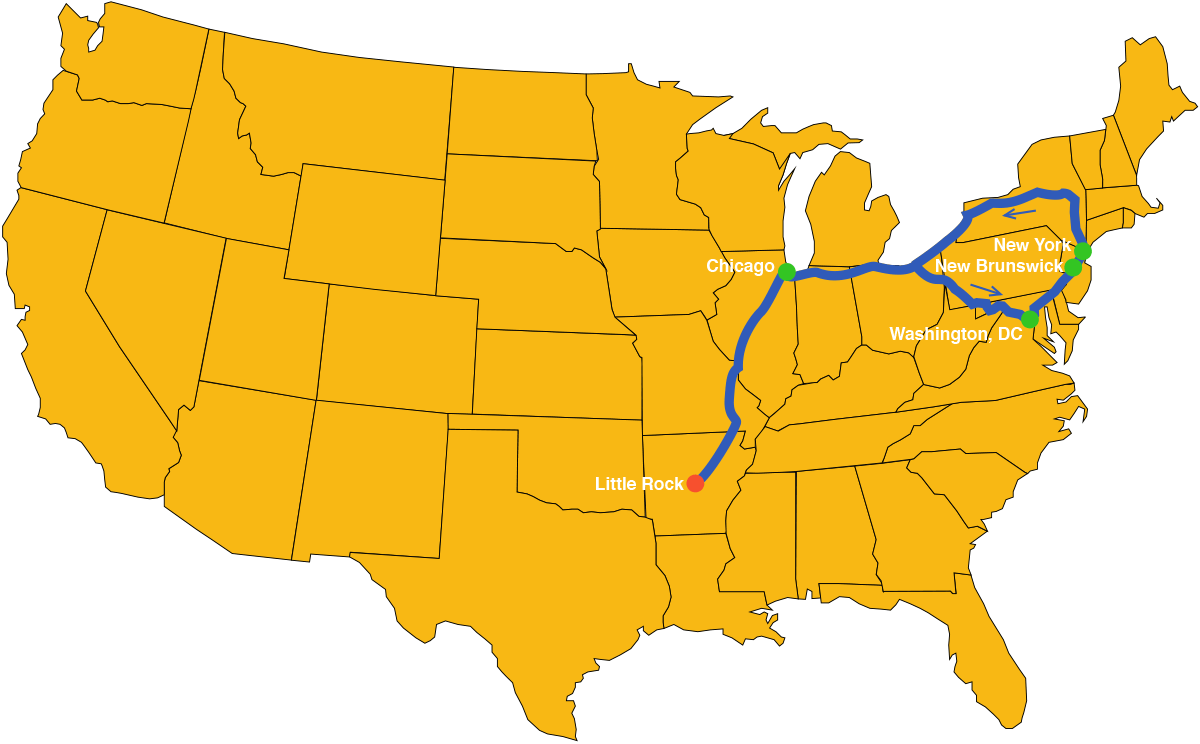 US map with route of my Amtrak adventure marked