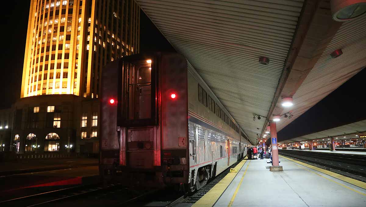 The tail end of the Sunset Limited at Los Angeles Union Station in early morning dark