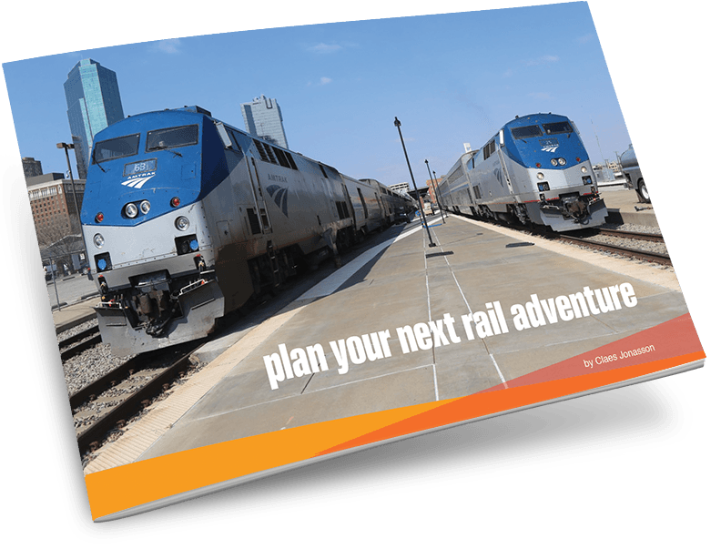 Plan Your Next Rail Adventure ebook cover with 2 Amtrak trains in station