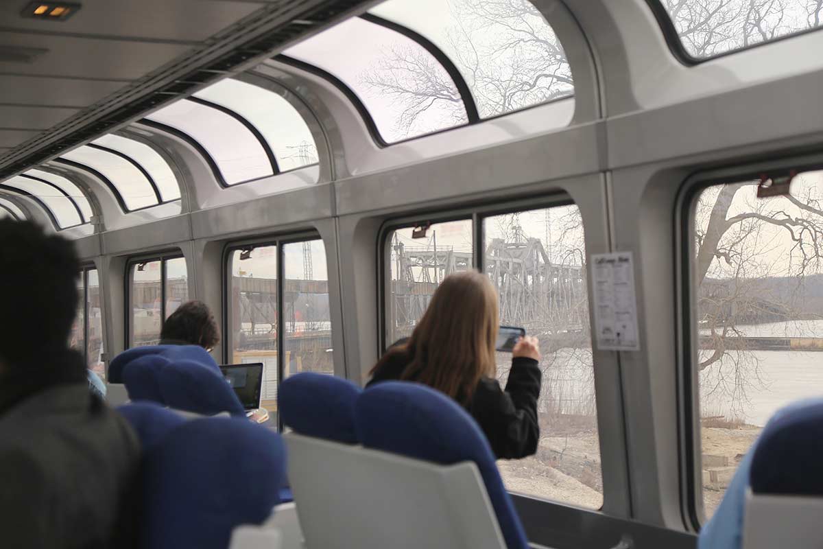 Ft Madison, Iowa. The train rolls out onto the bridge across the Mississippi. The engines are visible through the windows on the left.