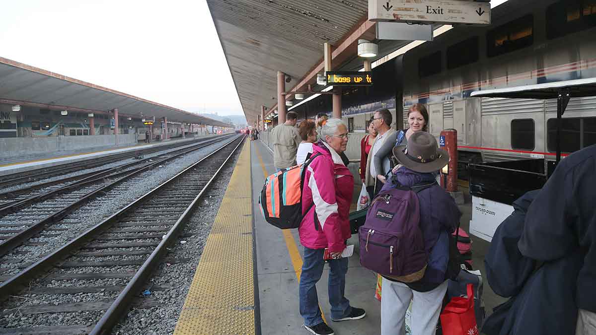 Los Angeles Union station, people on platform waiting for Amtrak's the Southwest Chief to come in for boarding