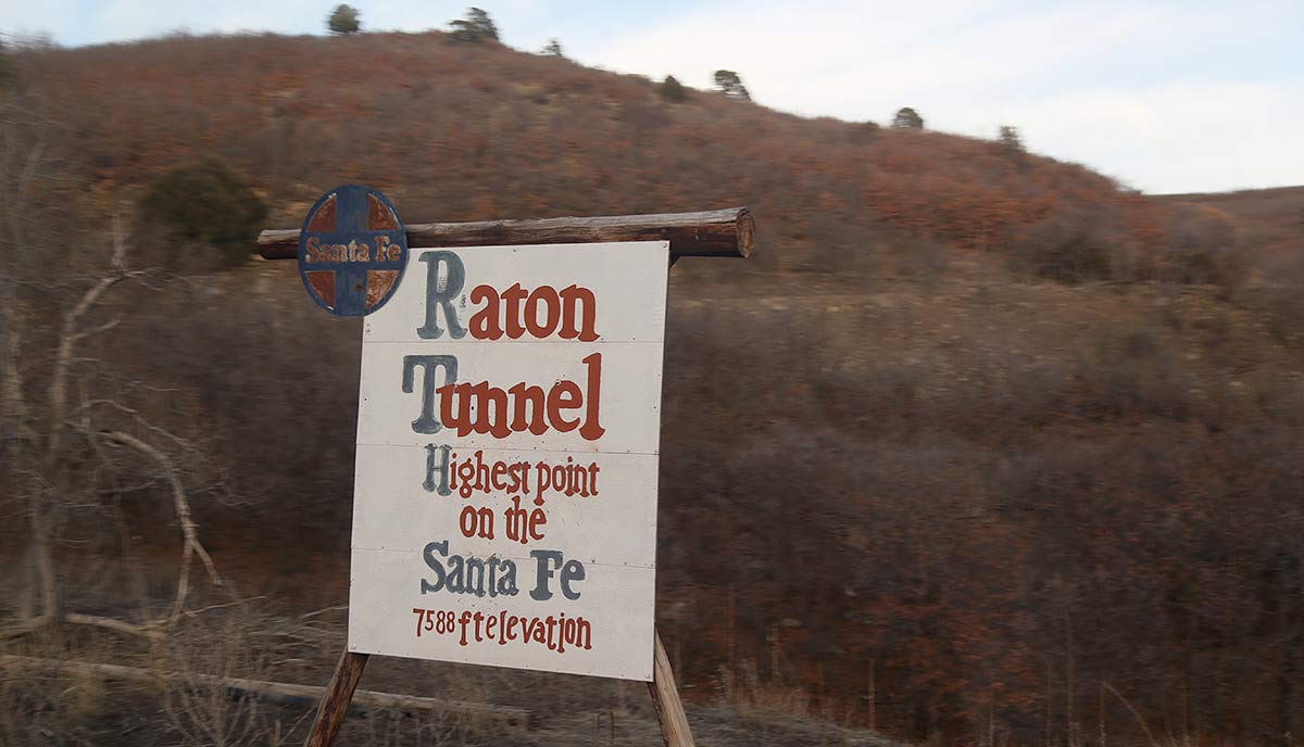 Raton Tunnel sign: Highest point on the Santa Fe railroad system: 7588 feet elevation