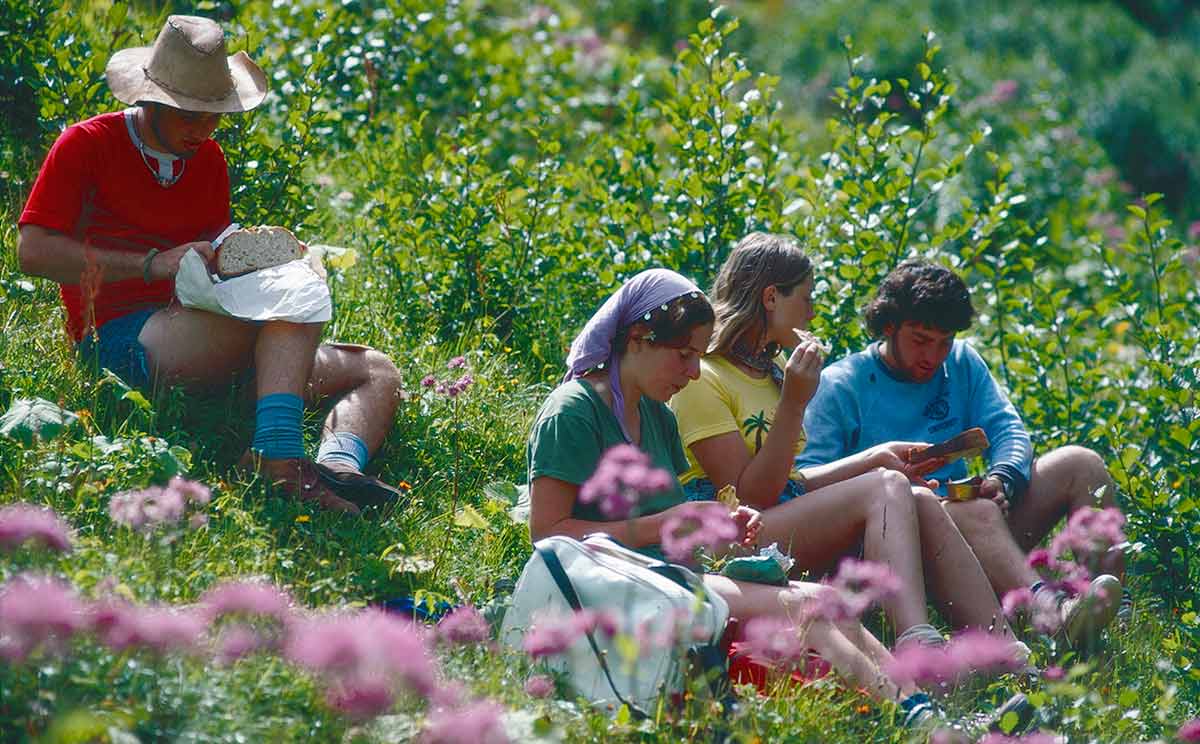 Our group sitting down on an alpine meadow for lunch