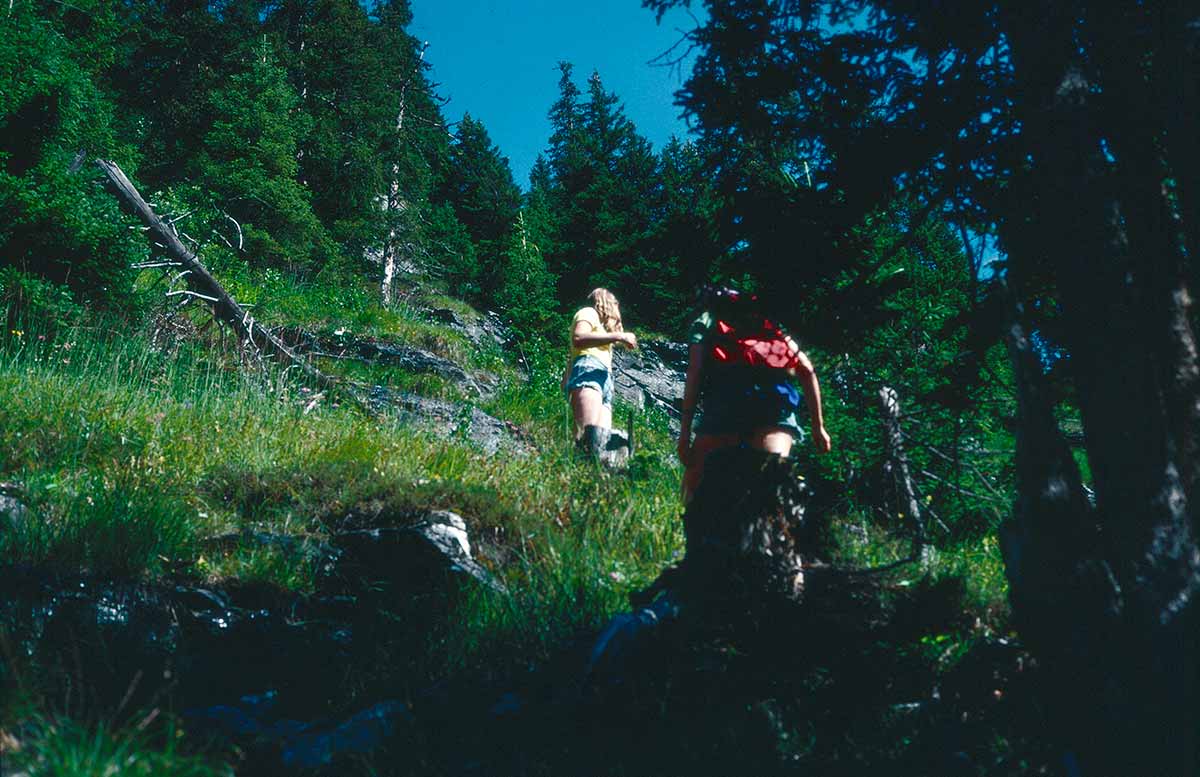 The girls further up on the steep hillside, among rock outcroppings and trees