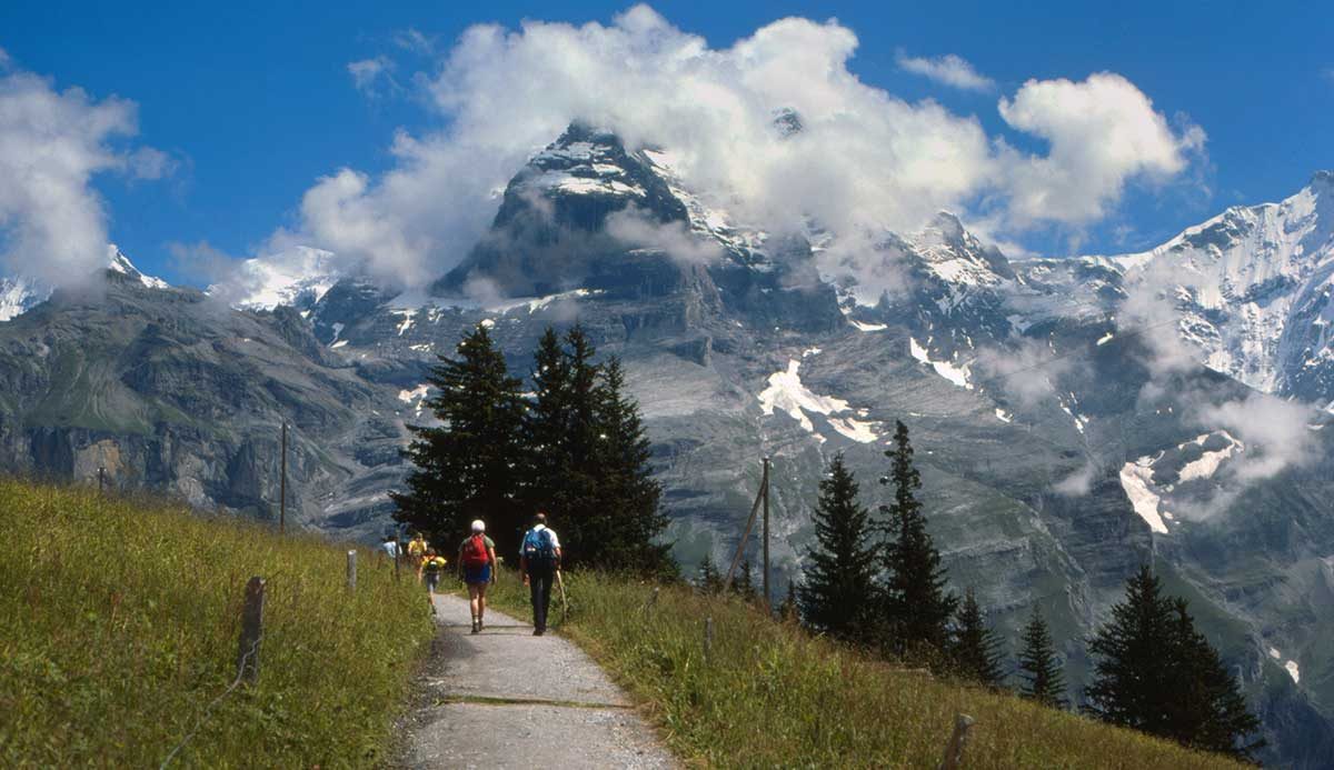 Walking path in Swiss Alps, high meadow, people walking along path, mountains in background, including the Eiger