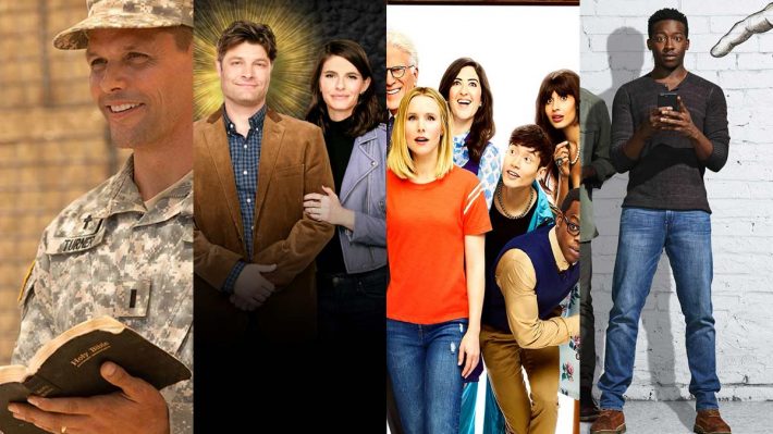 Collage of pictures from "Indivisible", "Living Biblically", "The Good Place", "God Friended Me"