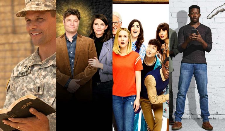 Collage of pictures from "Indivisible", "Living Biblically", "The Good Place", "God Friended Me"