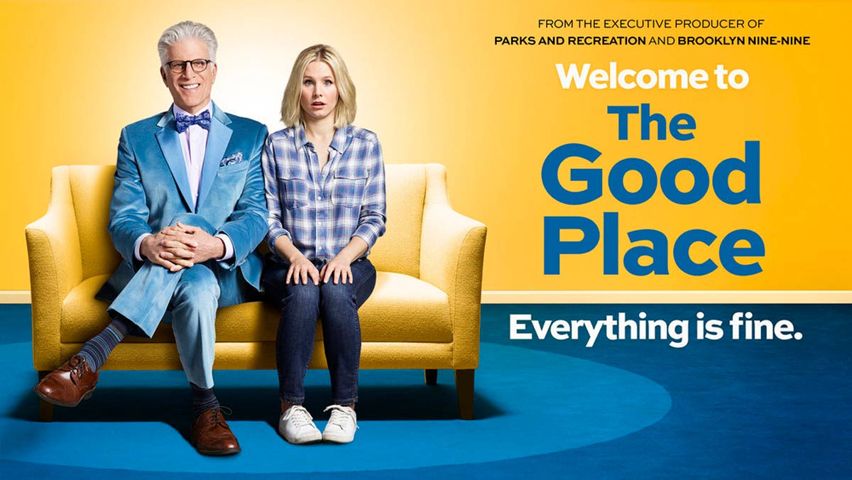 Promo picture for "The Good Place" — Everything is fine — Michael and Eleanor on couch