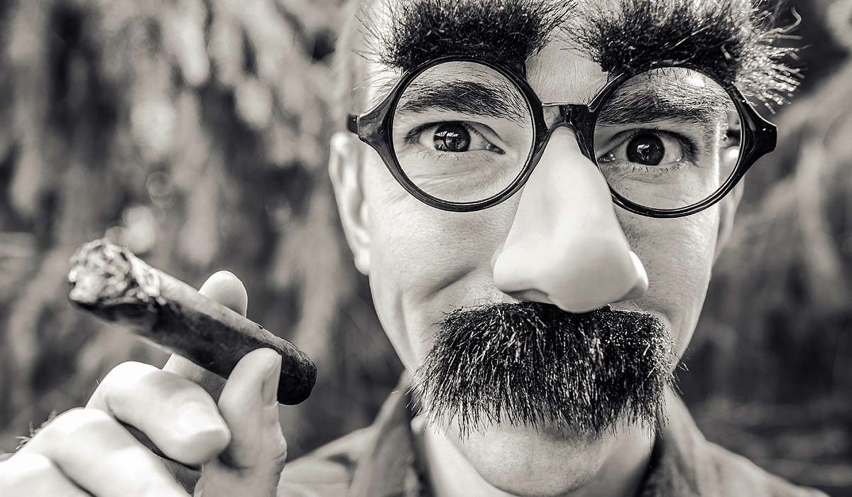 Face hidden behind Groucho Marx mask