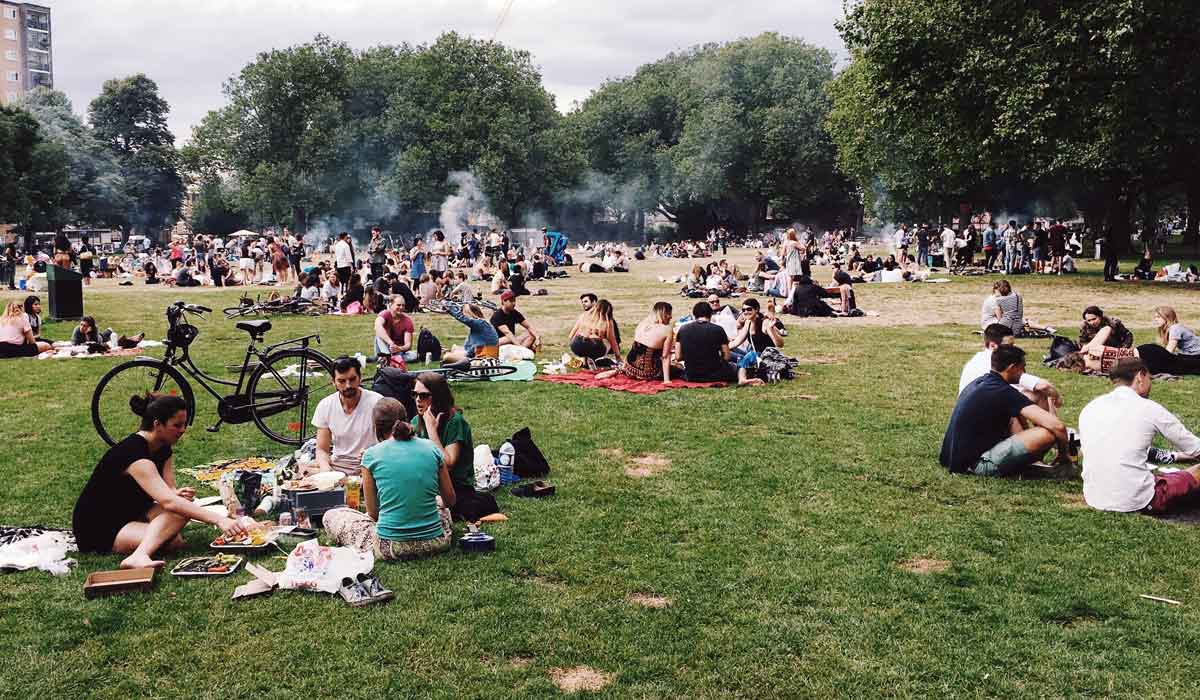 Groups of people sitting in park