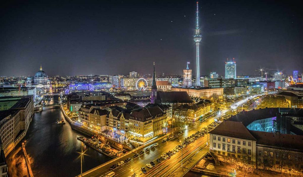 Nighttime view of Berlin's city center, including TV tower