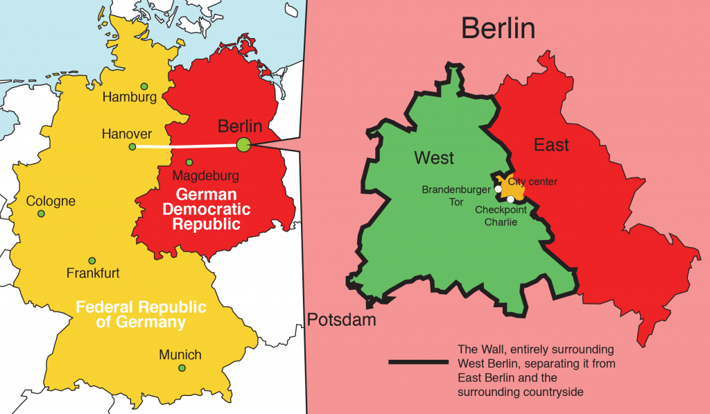 Map showing divided Germany and divided Berlin, with the Wall