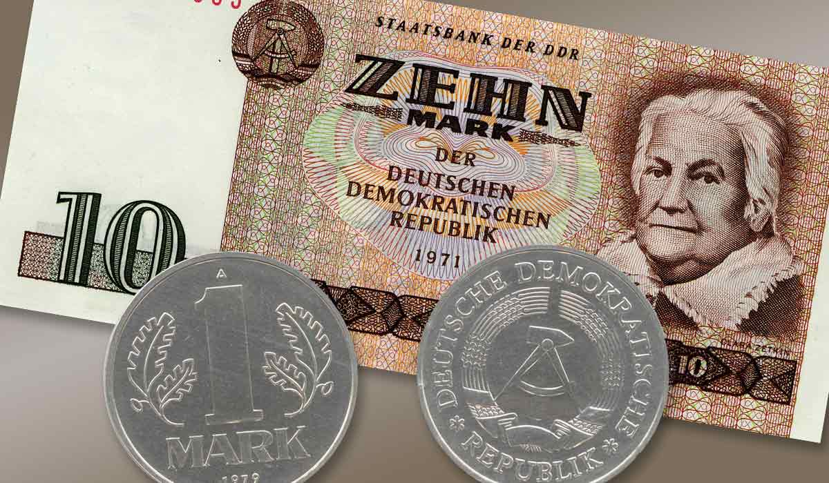 Coins and note from East Germany