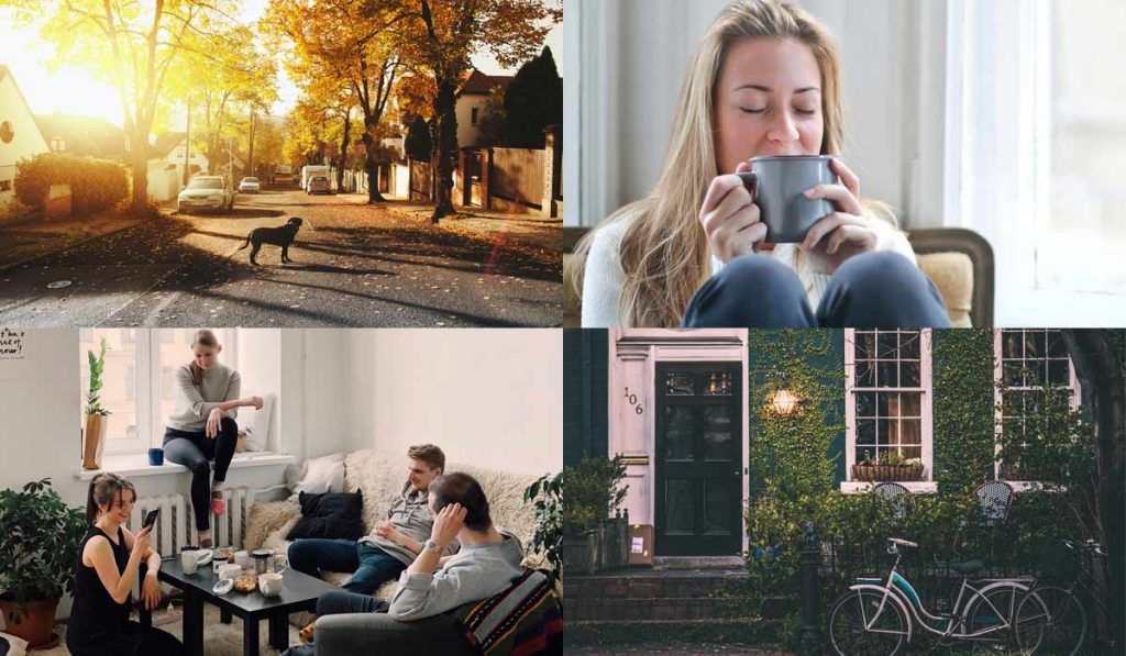 4 images: residential street, woman with tea, friends in apartment, old house front