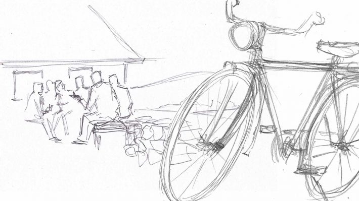 Drawing of the old man talking with young people, bicycle in foreground