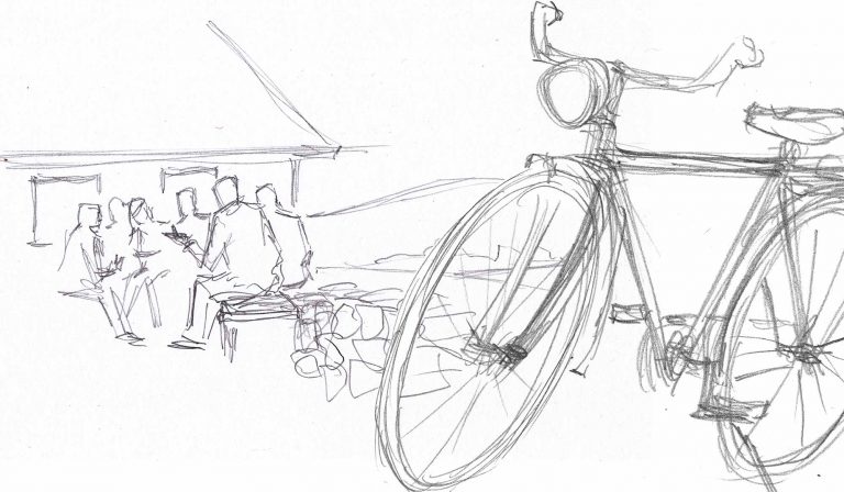 Drawing of the old man talking with young people, bicycle in foreground