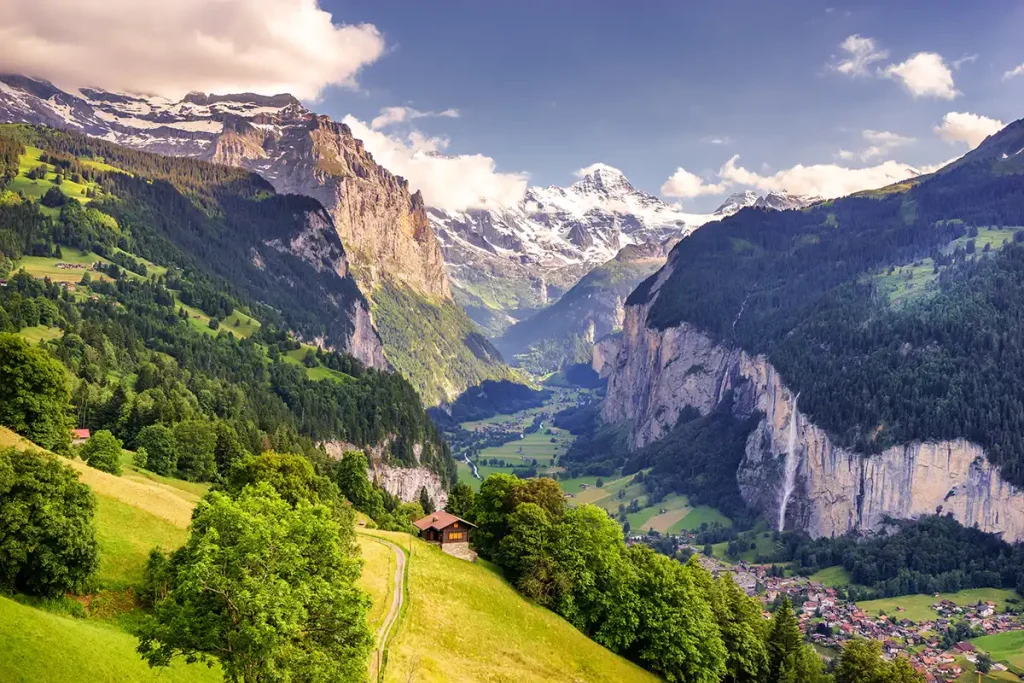 View from mountain down into Lauterbrunnen Valley