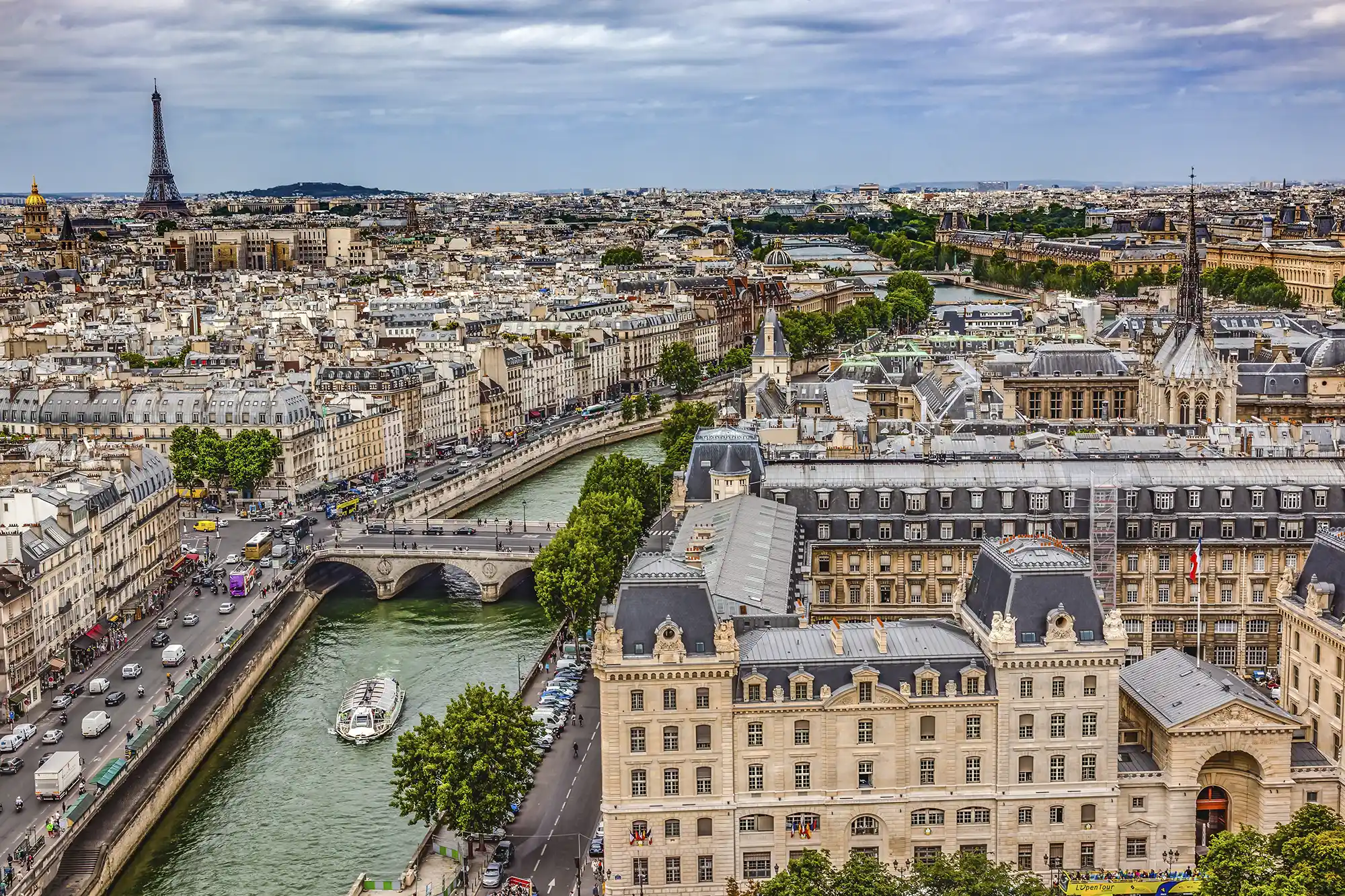 Paris, France view from Notre Dame across Seine towards Eiffel Tower