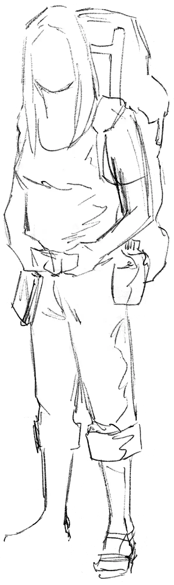 Pencil sketch of Carensa standing with her backpack on
