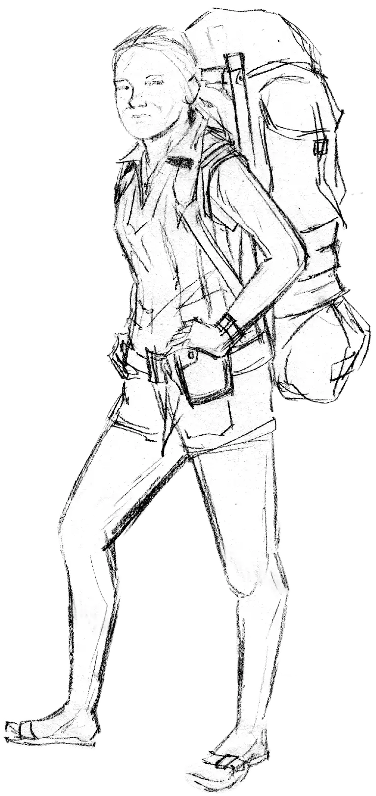 drawing of Carensa carrying her big backpack